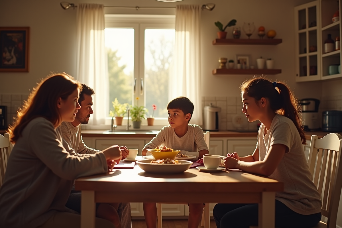 Famille réunie autour d une table cuisine avec un membre réservé