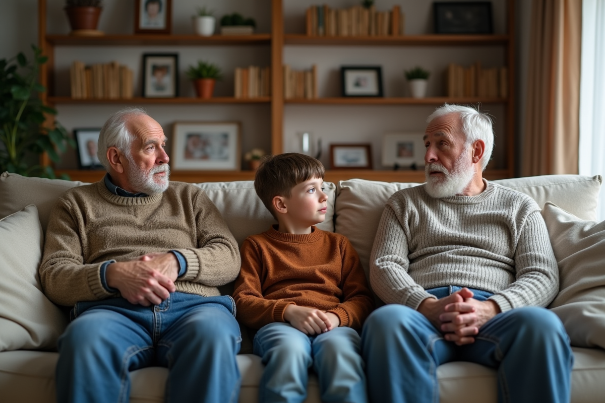 Trois générations assises sur un canapé dans un salon familial