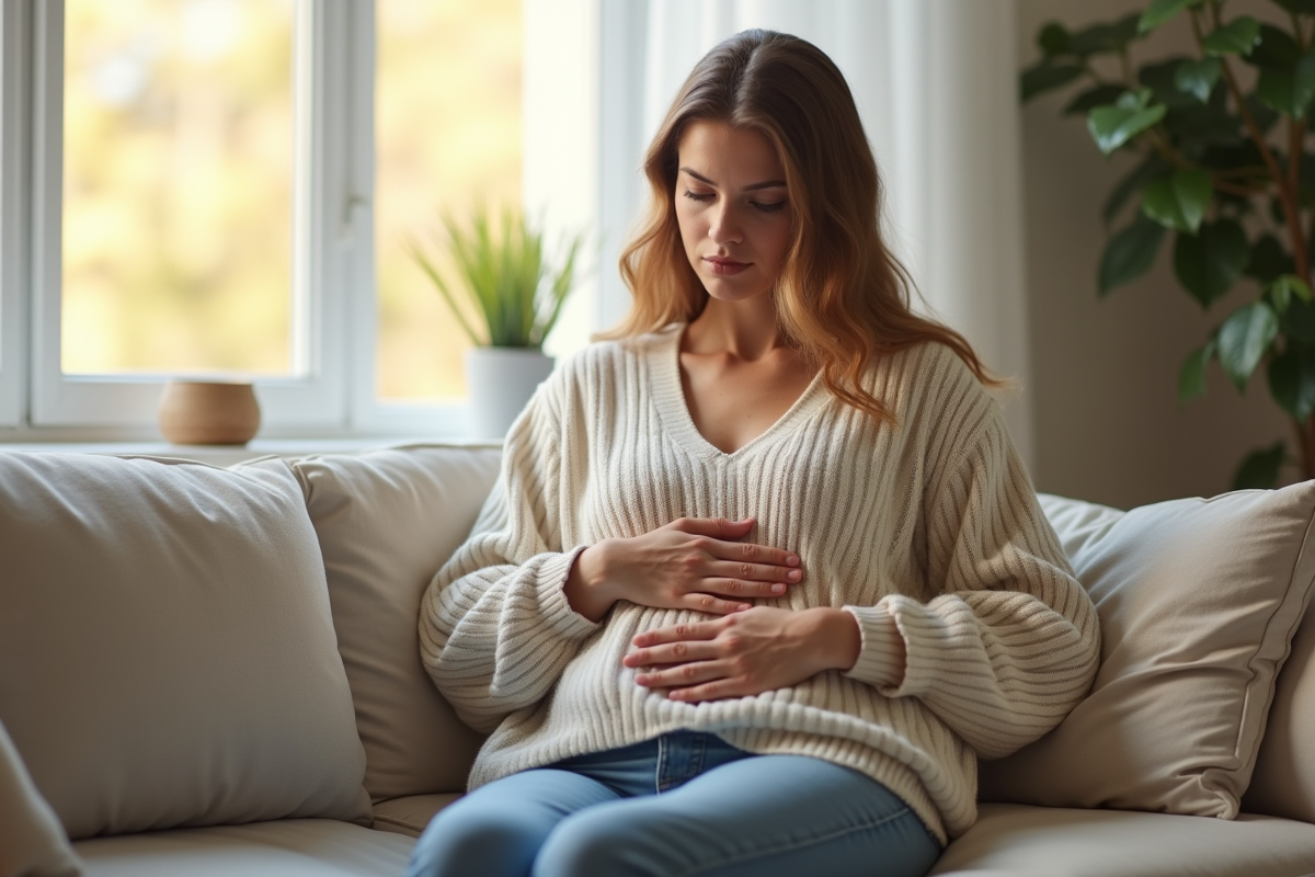 Femme assise sur un sofa en pleine lumière avec grossesse