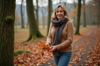 Femme en écharpe et jean ramassant des feuilles d'automne dans la forêt