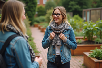 Femme souriante dans un jardin communautaire en denim