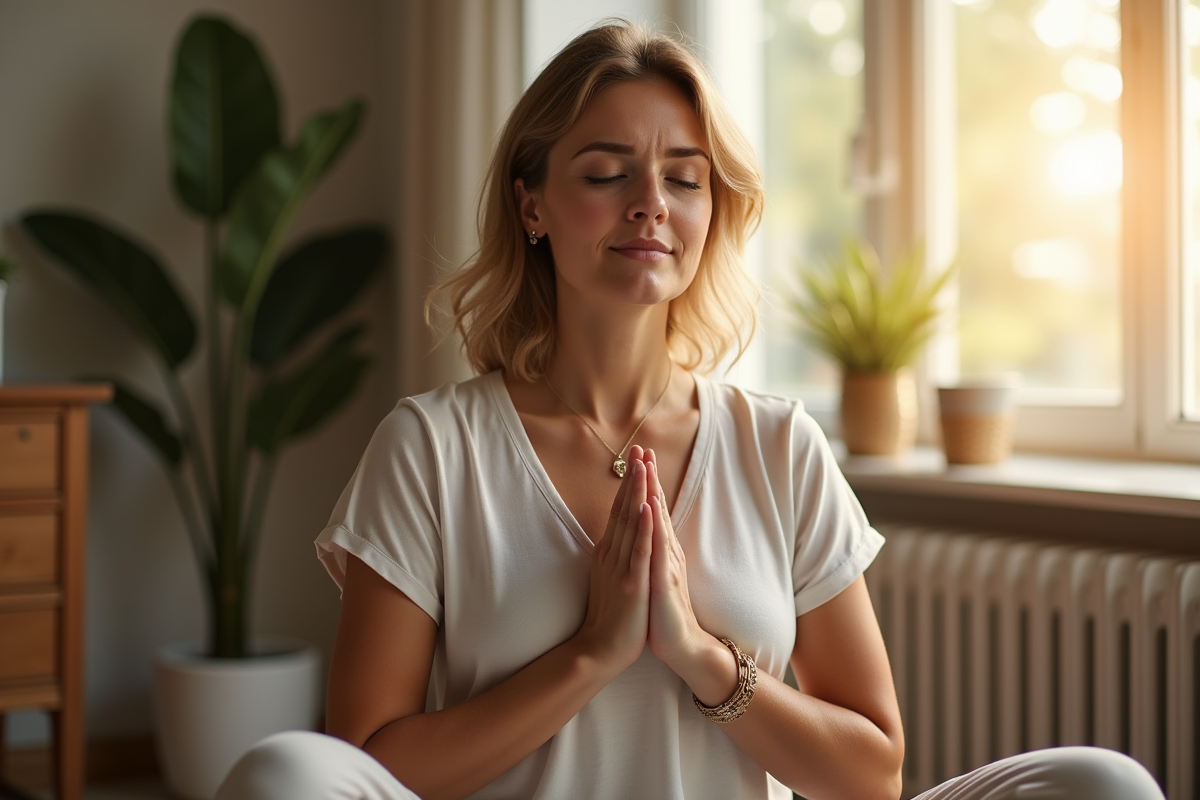 Femme calme pratiquant la respiration profonde dans un salon