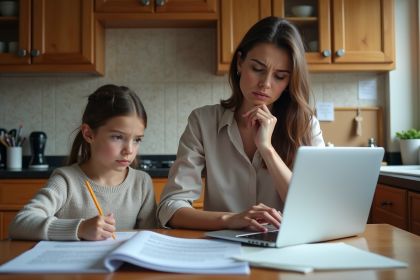 Femme préoccupée avec documents et fille dessinant à la maison