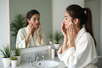 Jeune femme appliquant une creme visage dans sa salle de bain