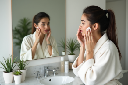 Jeune femme appliquant une creme visage dans sa salle de bain