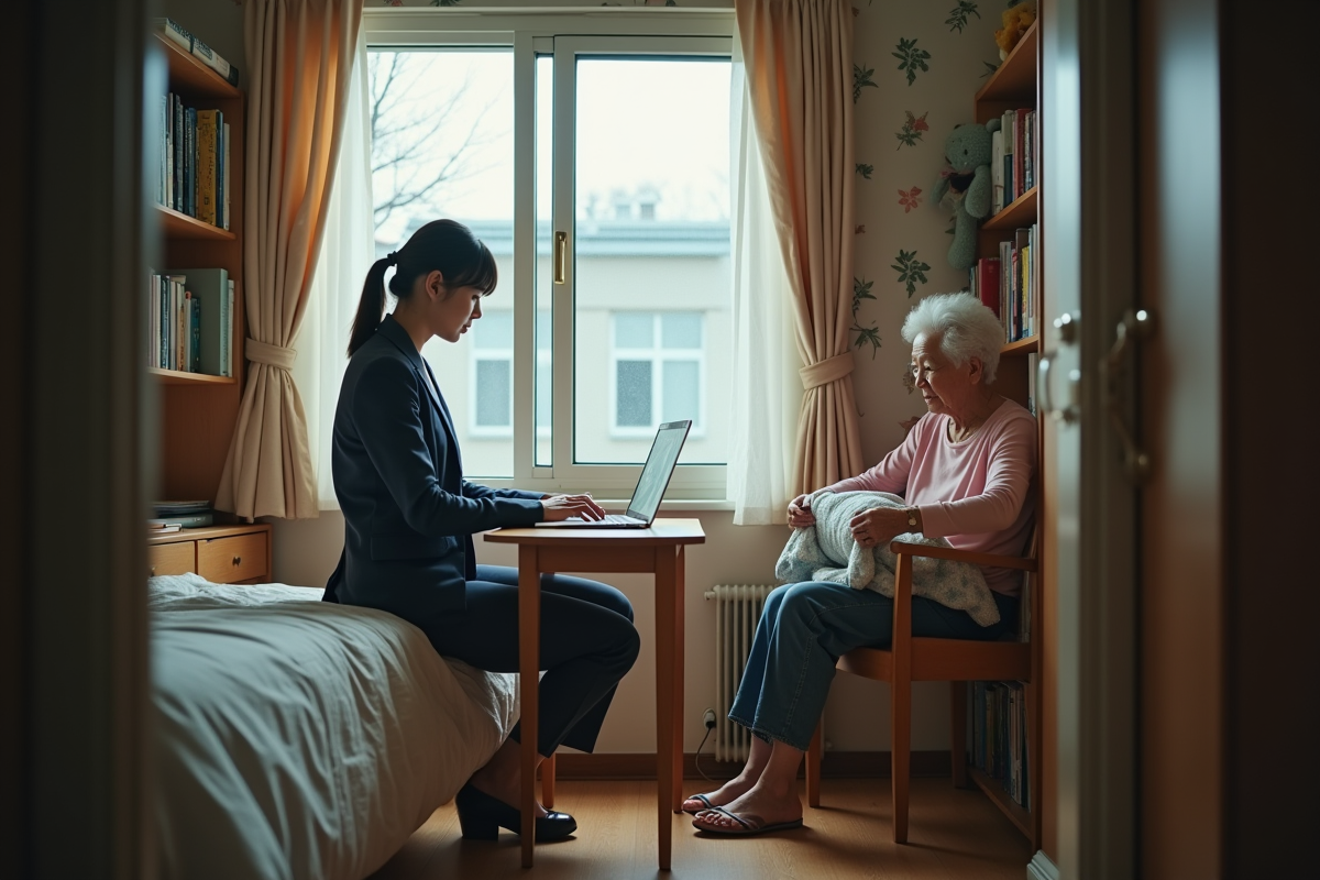 Jeune femme japonaise travaillant sur son ordinateur dans sa chambre