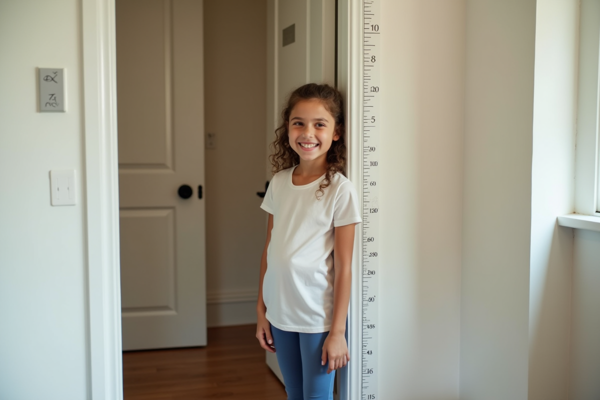 Fille de onze ans mesurant sa taille dans un couloir