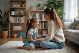 Jeune fille de 7 ans avec sa mère dans un salon chaleureux