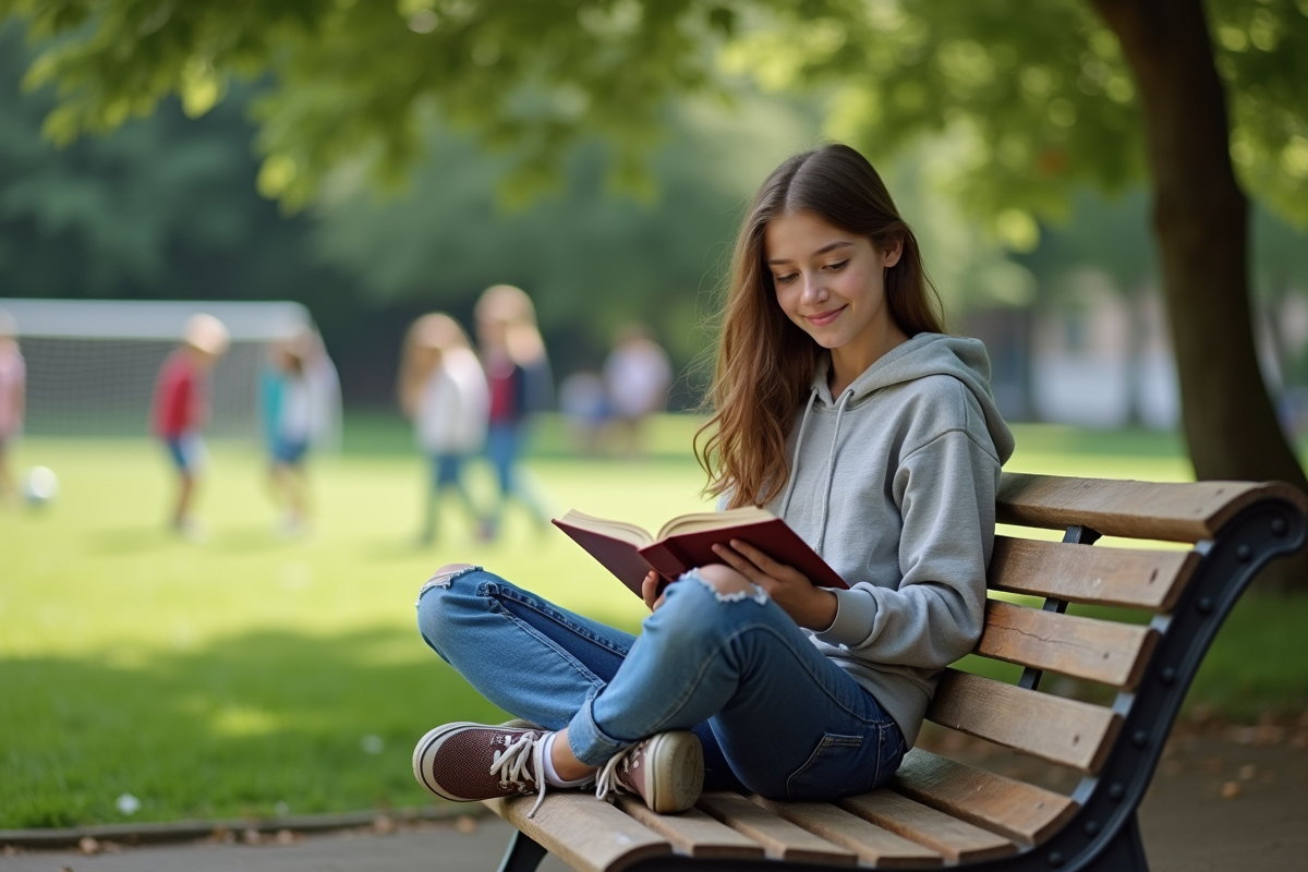 Fille lisant un livre dans un parc en plein air