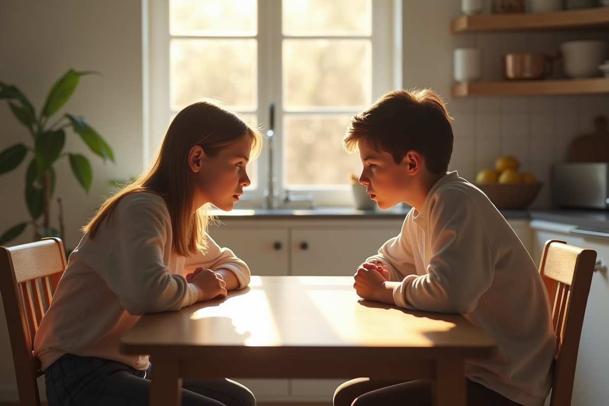 Deux frères et sœurs adultes assis à une table de cuisine avec tension