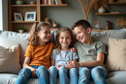 Trois frères et sœurs souriants dans un salon chaleureux