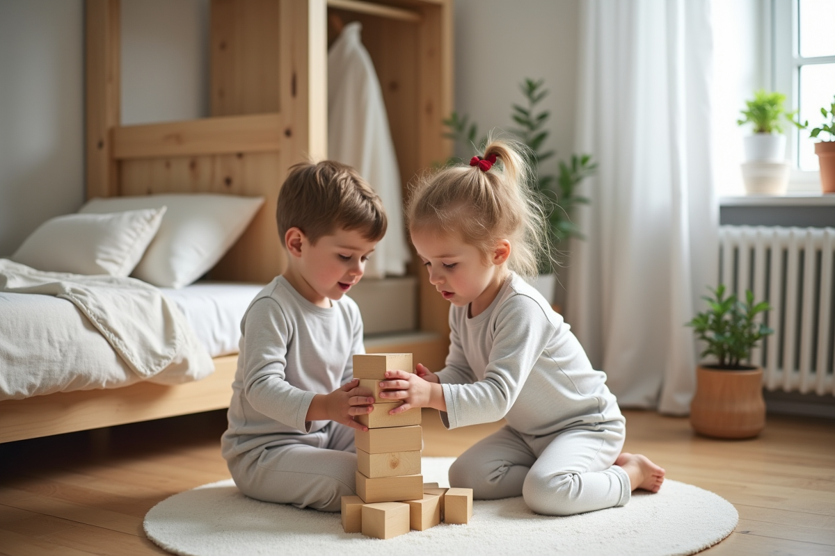 Deux enfants jouent avec des blocs en chambre Montessori