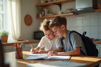 Un adolescent aide son jeune frère avec ses devoirs à la maison