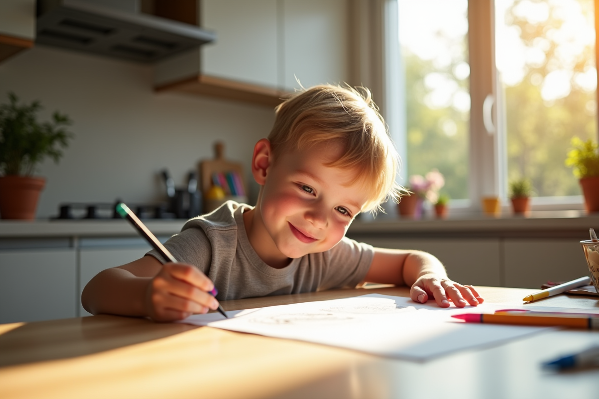 Jeune garçon dessinant avec des feutres à la table de cuisine lumineuse
