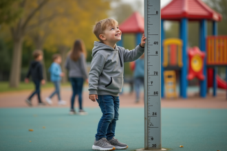 Garçon de huit ans mesurant sa taille dans un parc