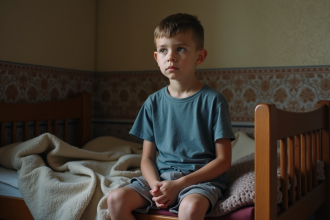 Jeune garçon assis sur un lit en bois dans un intérieur modeste