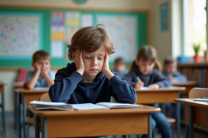 Garçon de 8 ans frustré en classe avec bureau
