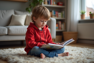 Garçon de 4 ans en hoodie rouge lit un livre dans un salon chaleureux