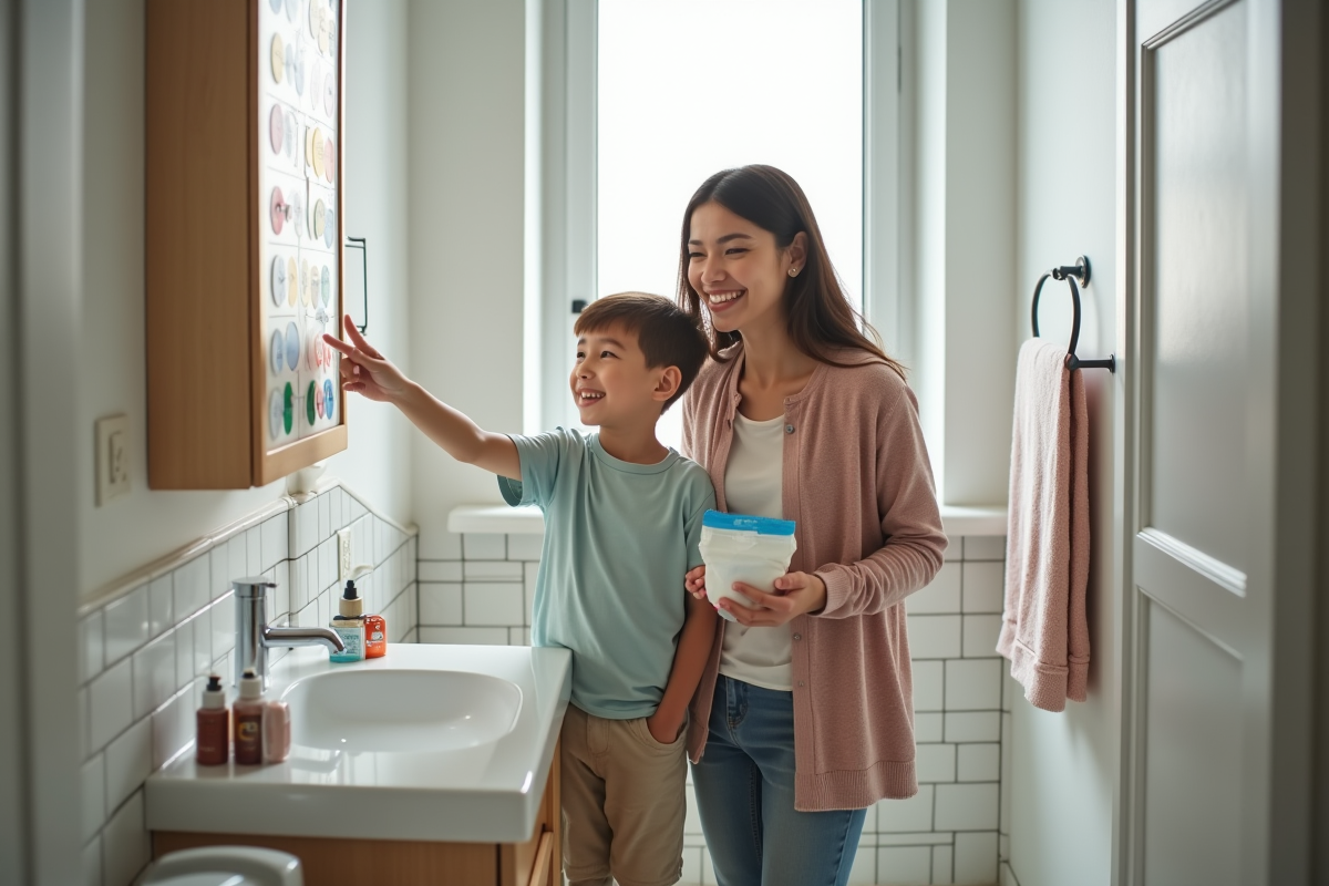 Garçon de cinq ans avec sa mère regardant le tableau d