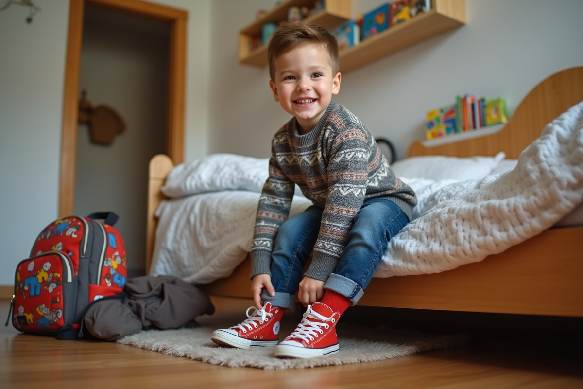 Garçon de 6 ans met ses baskets dans sa chambre