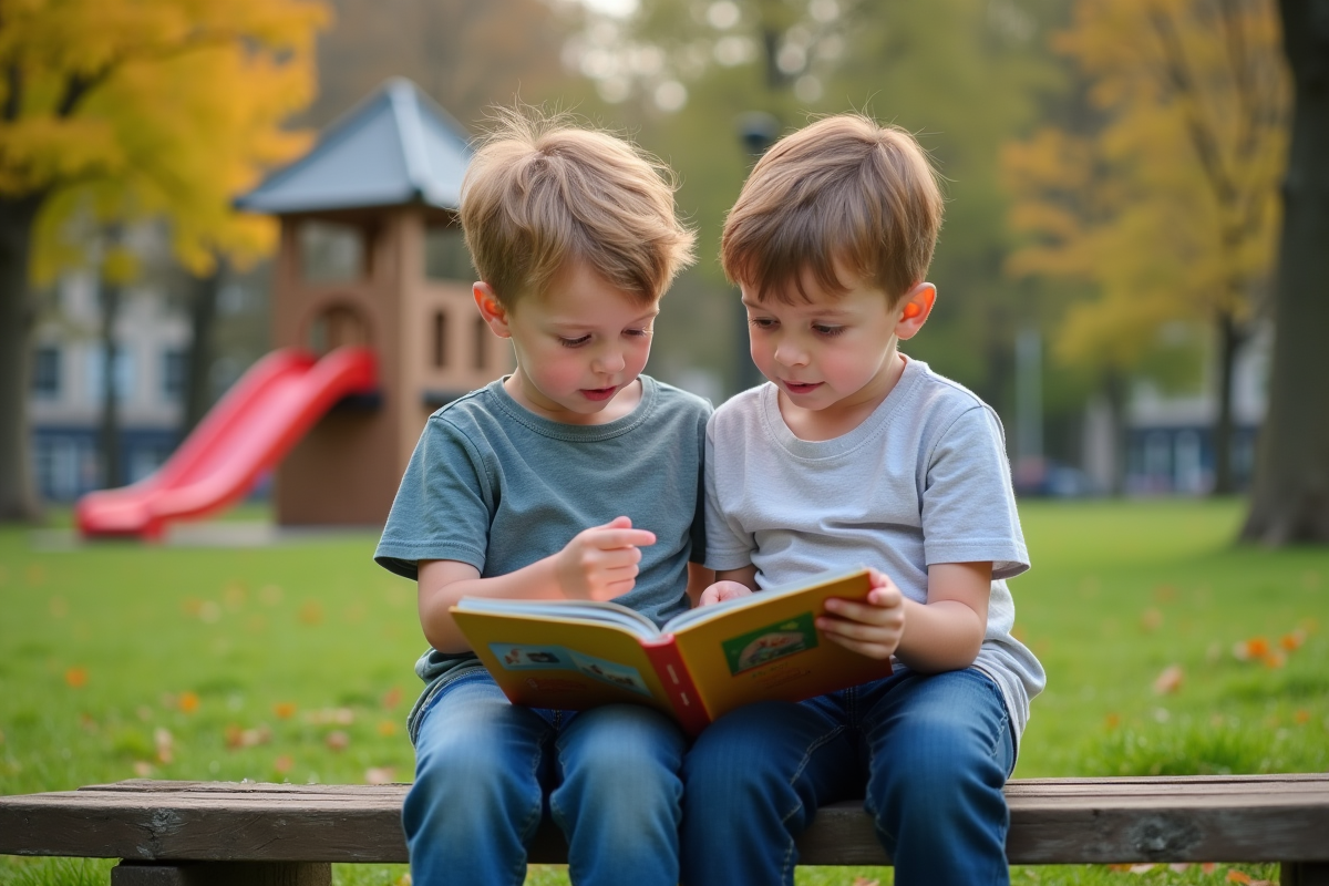 Deux garçons lisant un livre dans un parc en automne