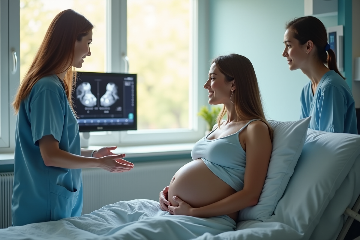 Femme enceinte dans une salle moderne avec échographies de jumeaux