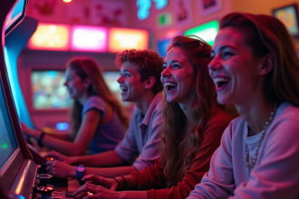 Groupe d'ados dans les années 90 jouant à des jeux vidéo