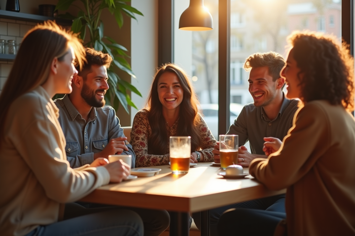 Groupe d'amis souriants dans un café chaleureux