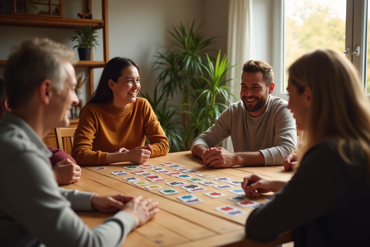 Groupe d'amis jouant à SkipBo dans un salon convivial