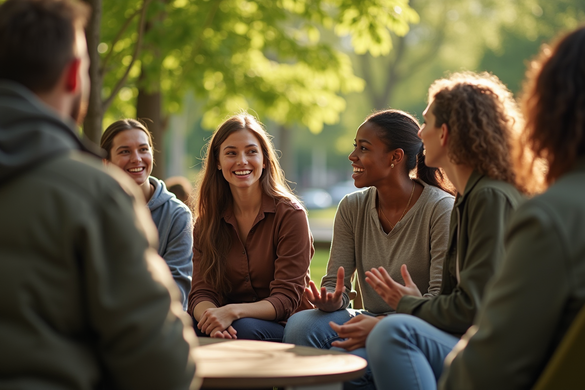 Groupe diversifié discutant dans un parc ensoleille