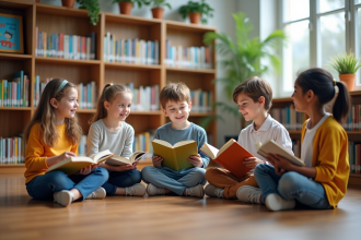 Enfants en groupe dans une bibliothèque scolaire