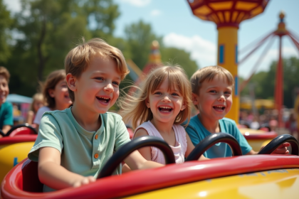 Enfants rient sur manège à l'extérieur en été