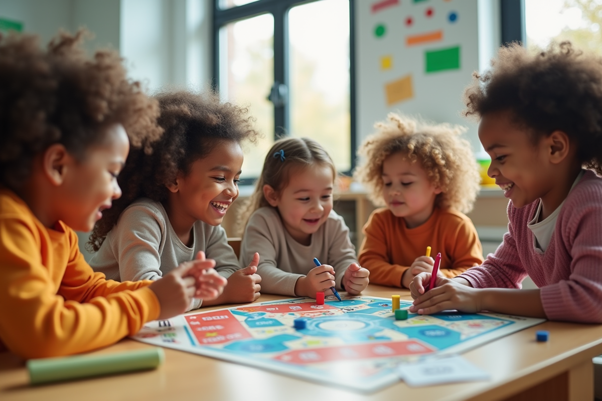 Groupe d'enfants jouant à un jeu éducatif en classe