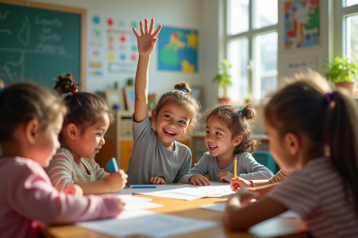 Enfants en groupe dans une classe lumineuse en activité éducative