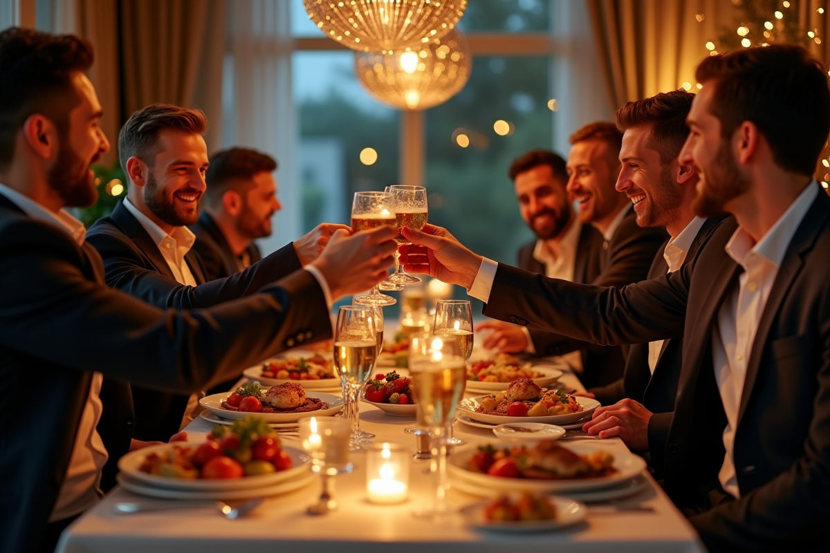 Groupe d'hommes élégants trinquant lors d'une fête