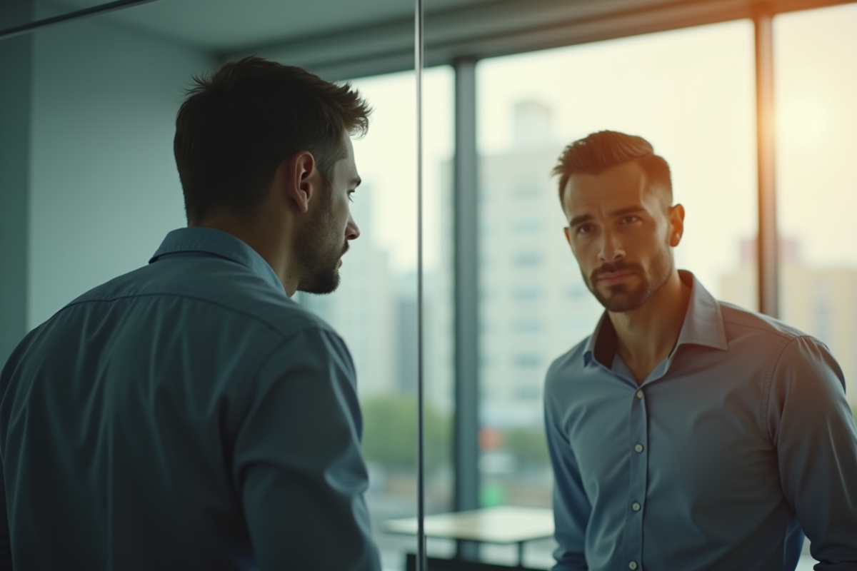 Homme regardant son reflet dans une fenêtre au bureau