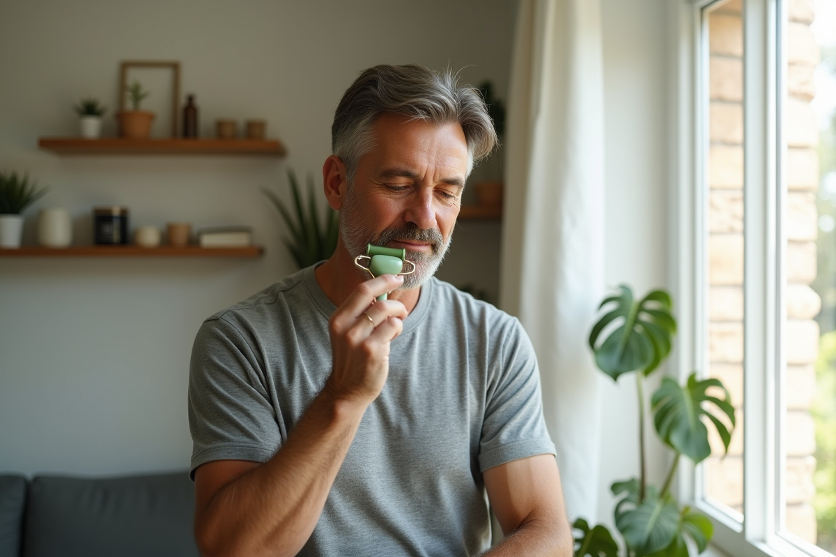 Homme utilisant un rouleau de jade dans son salon lumineux