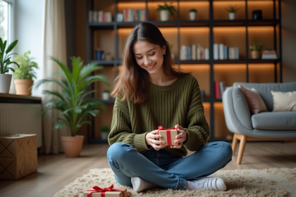 Jeune femme en sweater vert en train d'emballer un cadeau de Noël