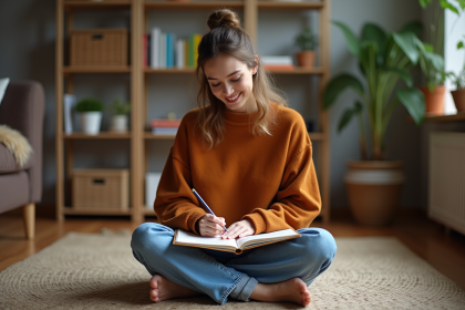 Jeune femme en denim et pull orange dessinant dans un salon cosy