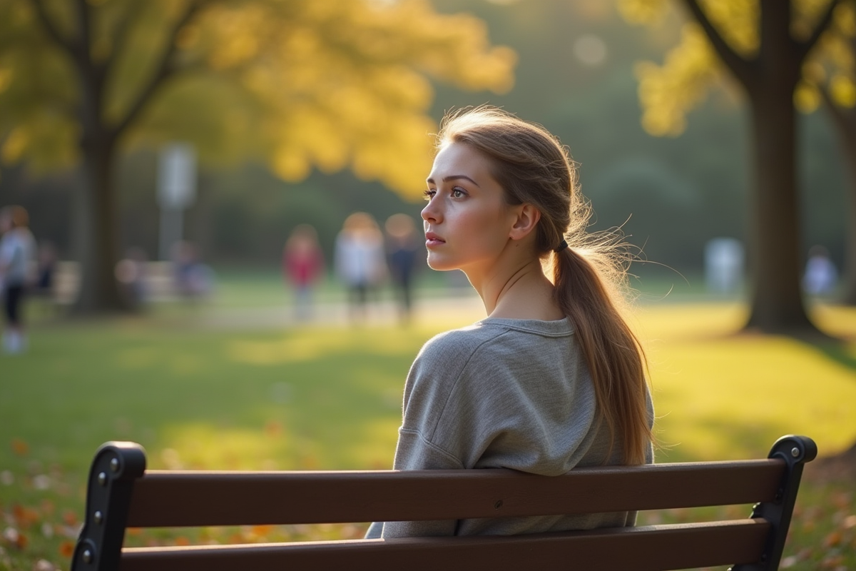 Jeune femme assise seule sur un banc de parc en réflexion