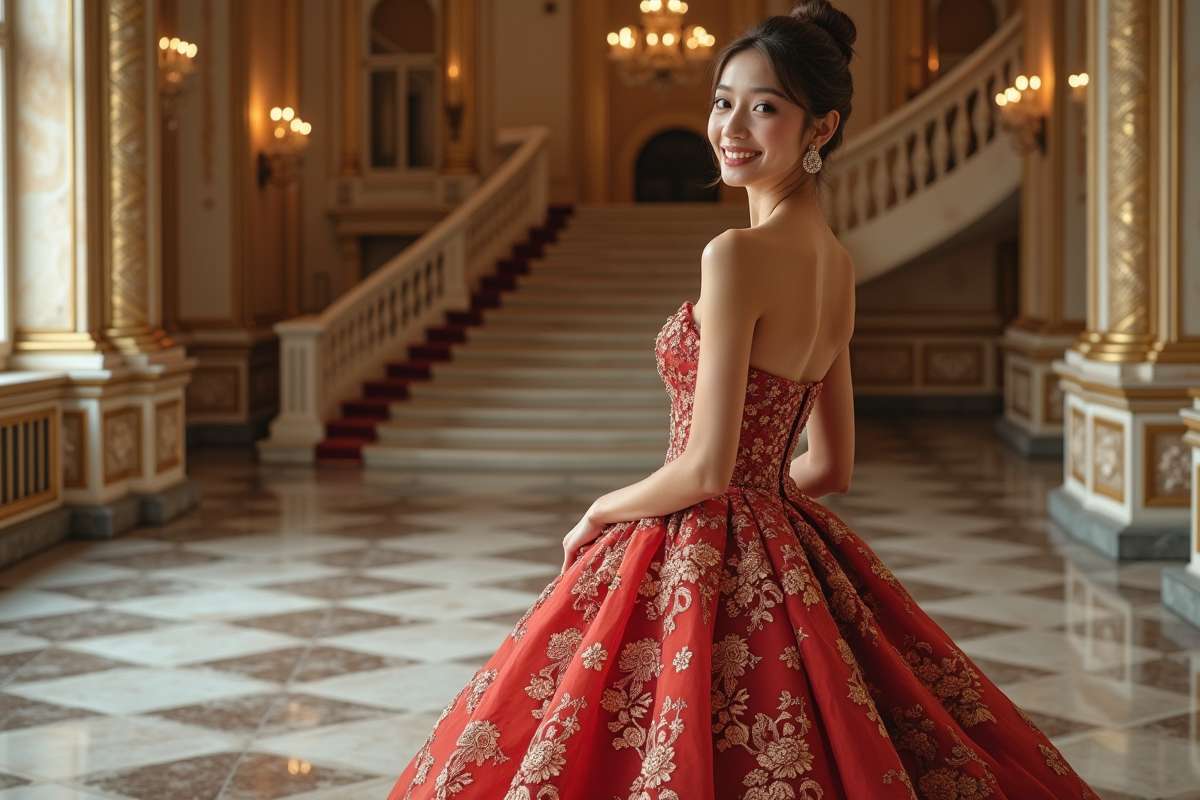 Jeune femme en robe de bal élégante près d’un escalier en marbre