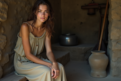 Jeune femme assise dans une cuisine rustique avec une robe simple