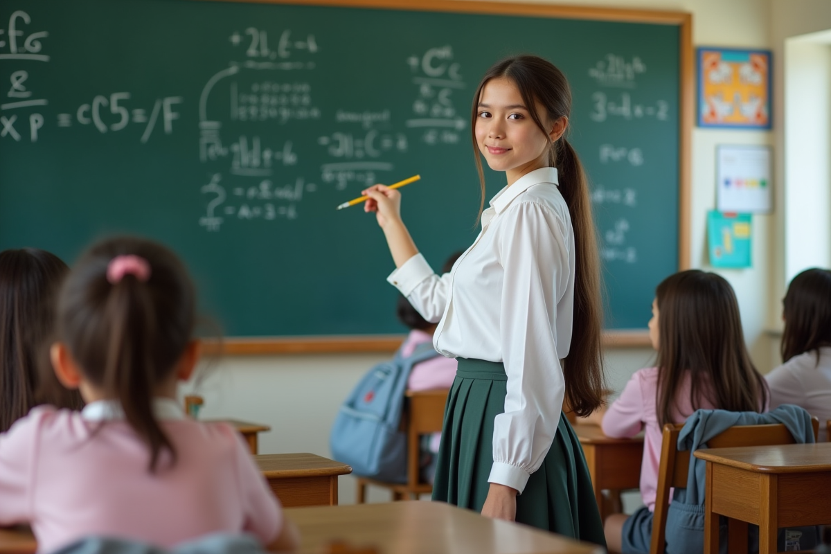 Jeune fille en classe écrivant des équations devant ses frères