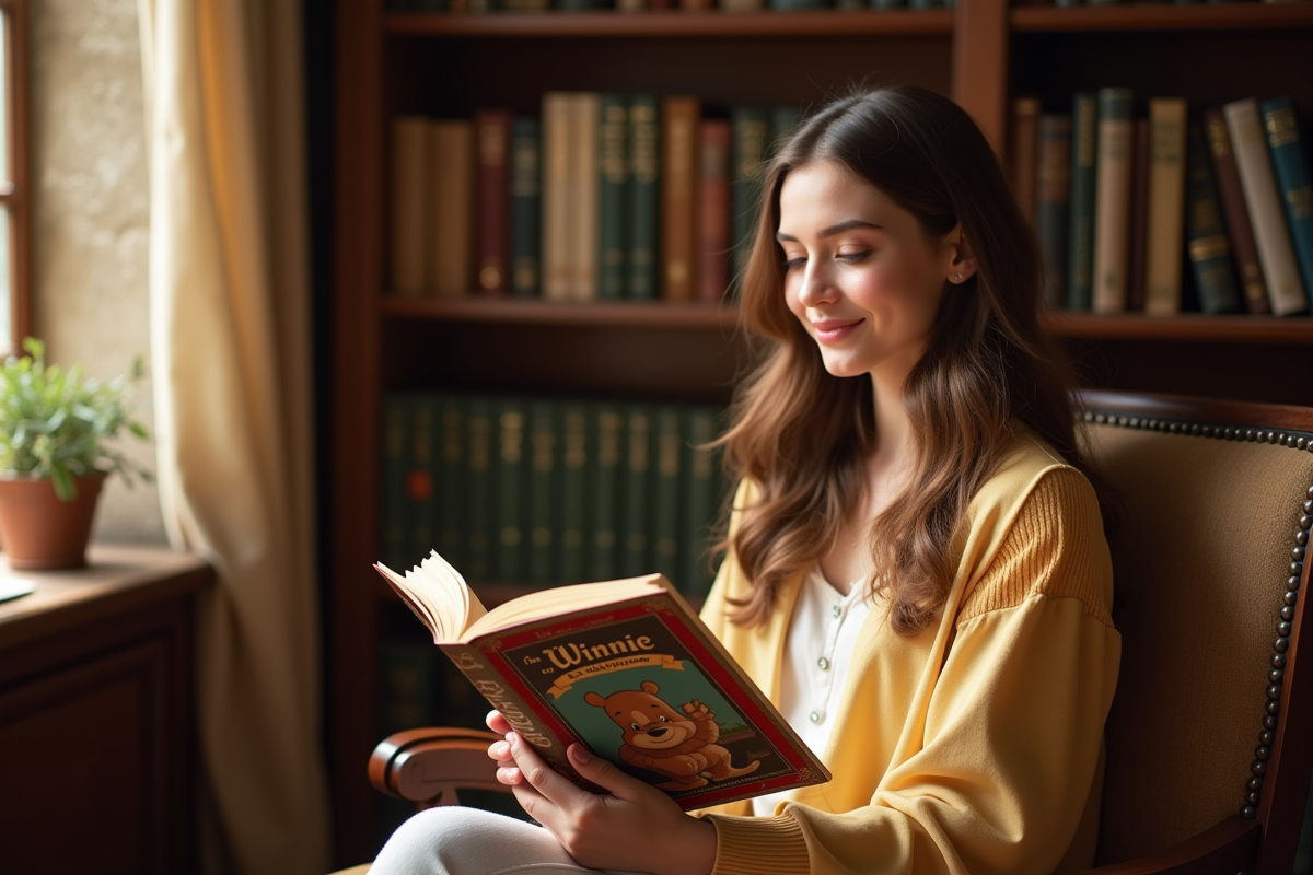 Jeune femme lisant un livre vintage dans une bibliothèque chaleureuse