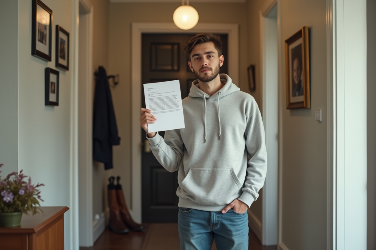 Jeune homme dans le couloir tenant une lettre officielle