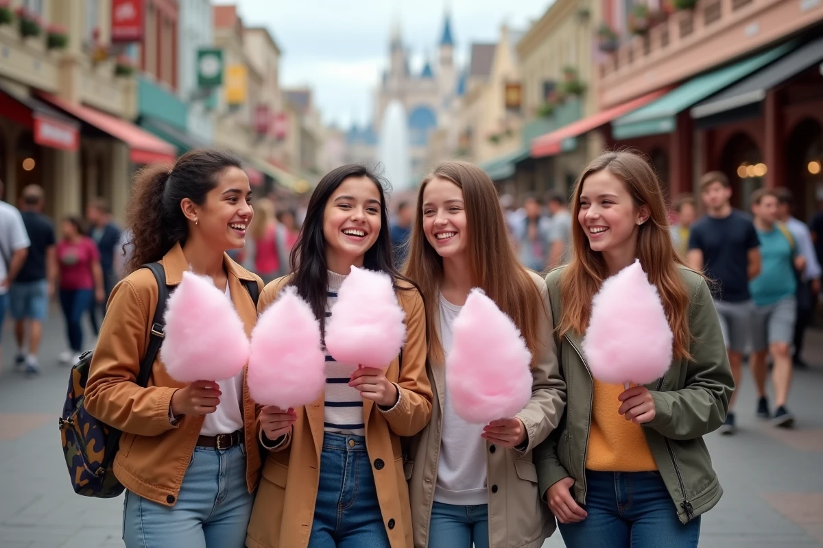Jeunes riant en mangeant de la barbe à papa dans un parc