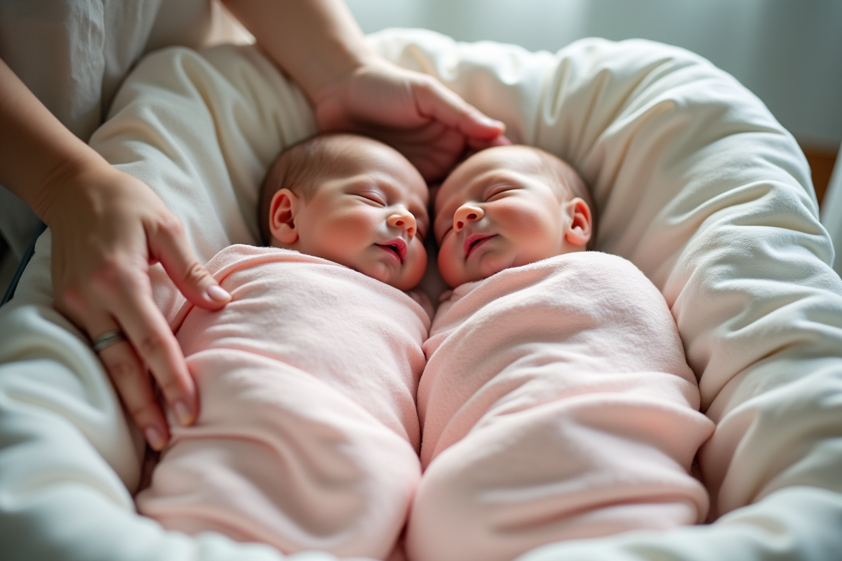 Jumeaux nouveau nes dans un berceau avec leur maman