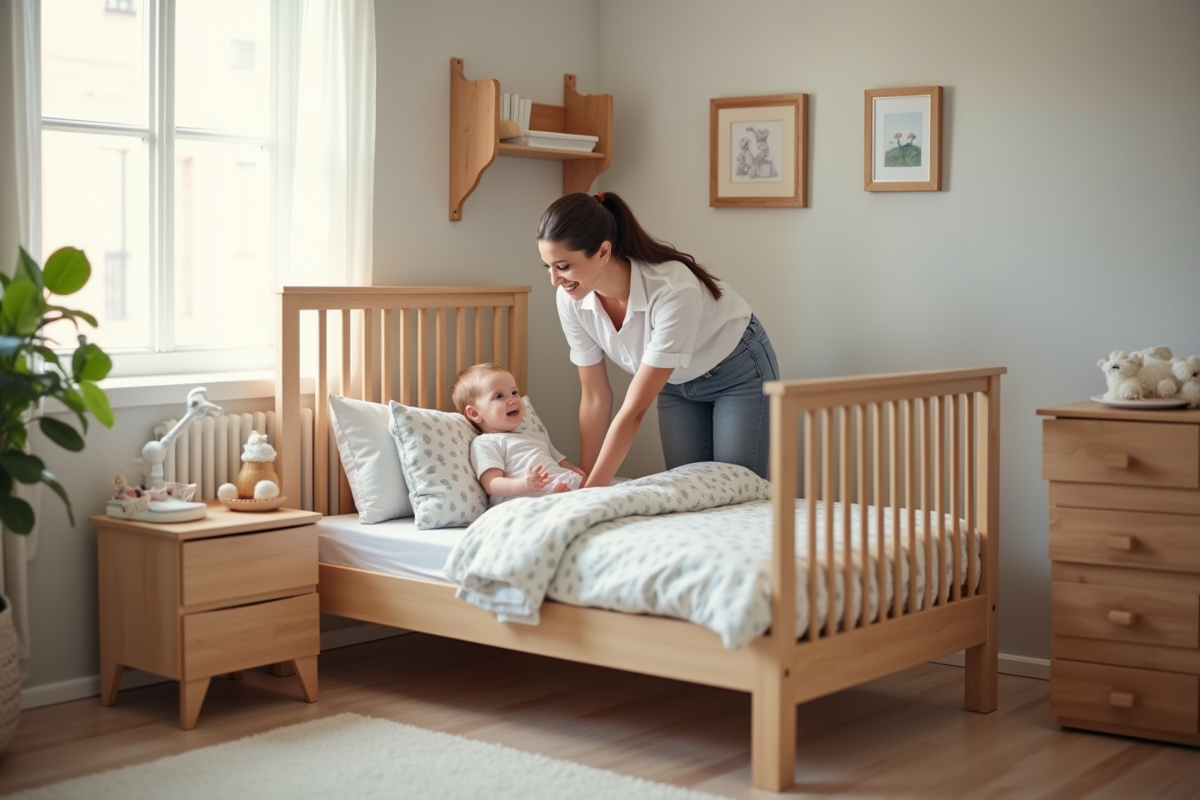 Chambre moderne avec lit convertible pour bébé et parent souriant