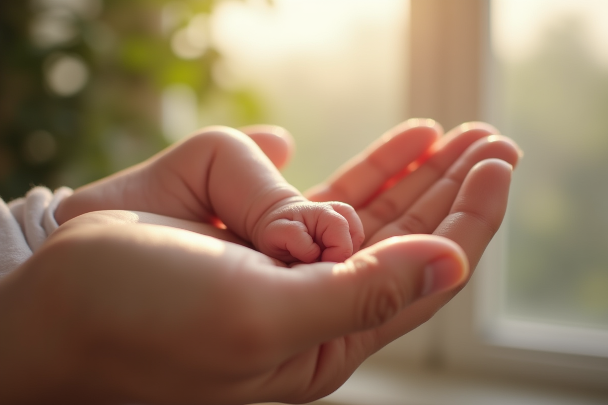 Petite main de bébé avec lanugo sur la peau dans la lumière naturelle