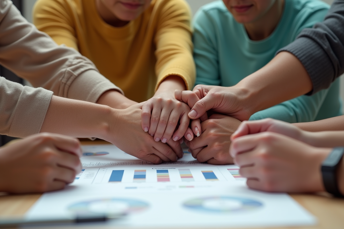 Mains de différentes personnes réunies sur une table